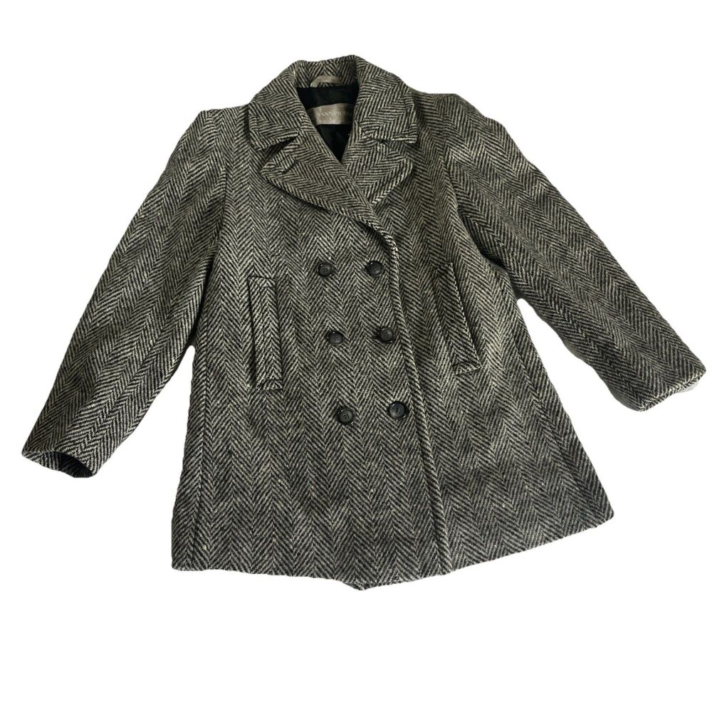 Evan Picone Wool Double Breasted Peacoat Size M Herringbone Tweed - Picture 1 of 10